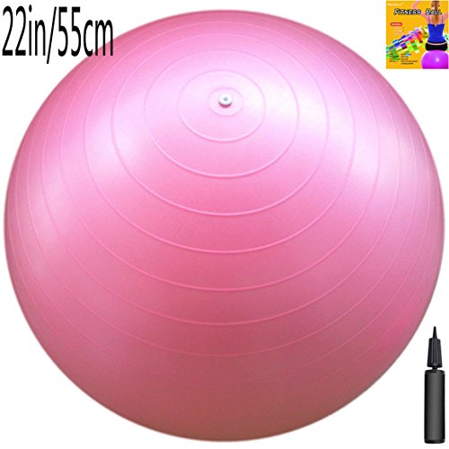 Fitness Ball with Air Pump, Pink, 55cm/22in Diameter, Instruction Chart Included, Exercise Gym Swiss Stability Ball
