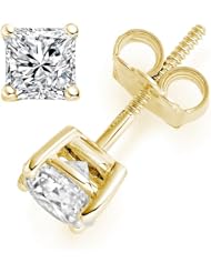 0.63 Carat D/VVS2 Princess Certified Diamond Solitaire Stud Earrings in 18k Yellow Gold
