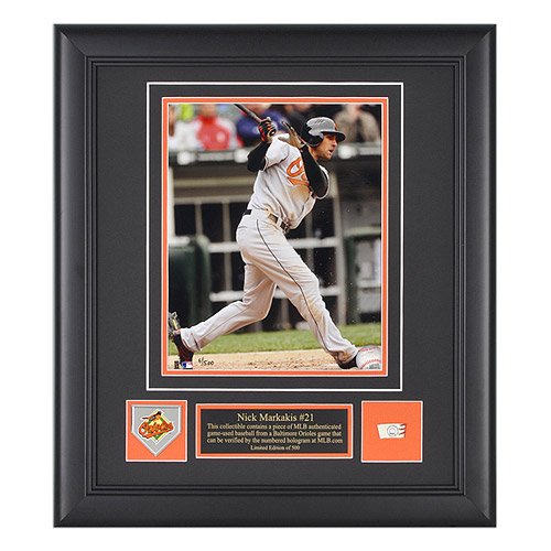 Mounted Memories Baltimore Orioles Nick Markakis 8x10 Framed Photo with Team Medallion and Piece of Game Used Baseball