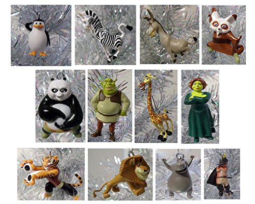 Dreamworks 10 Piece Holiday Christmas Tree Ornament Set Featuring the Cast of Shrek – Shrek, Fiona, Donkey and Puss in Boots – Cast of Kung Fu Panda – Po, Master Shifu and Tigress – Cast of Madagascar – Marty, Alex, Melman and Skipper – Ornaments Range from 1″ to 3″ Tall – Great for a Mini or Desk Top Christmas Tree