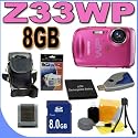 Fujifilm FinePix Z33WP 10MP Waterproof Digital Camera w/3x Optical Zoom (Pink) 8GB Lithium Battery BigVALUEInc Accessory Saver Bundle