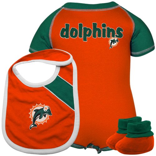 Miami Dolphins Infant Orange-Aqua Creeper, Bib & Bootie Set (24 Months)
