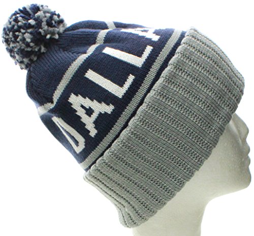 American Cities Dallas TX Champions Cuff Cable Knit Pom Pom Beanie Hat Cap Dallas Navy/Gray