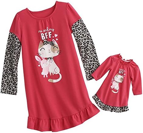 Girl's Nightgown & Matching Doll Nightgown Cat Kitten Leopard Rabbit Pink BFF Size 7