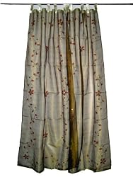 2 Curtains Sheers Panels Organza Old Gold Embroidered Red Bell Sari Drapes 92"