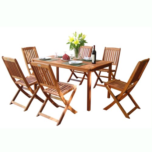 VIFAH V98SET4 Outdoor Wood 7-Piece Dining Set - Natural Wood Finish - 59 by 31.5 by 29-Inch product image