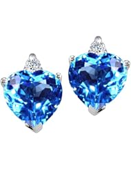 Tommaso Design (tm) Heart Shape Blue Topaz and Genuine Diamonds Earring Studs in 14 kt White Gold
