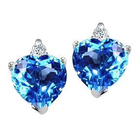 2.14 cttw Heart Shape Blue Topaz and Genuine Diamonds Earring Studs in 14k... by