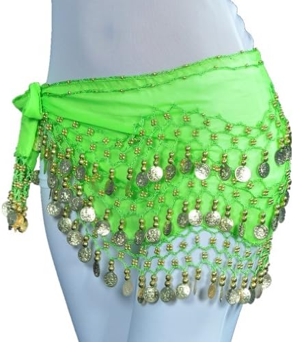 Fruit Green Belly Dance Hip Scarf Skirt with 3 Rows Gold Coins