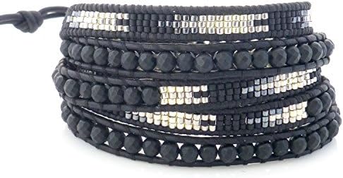 Chan Luu Wrap Bracelet - Onyx Bead and Seed Bead on Black Leather