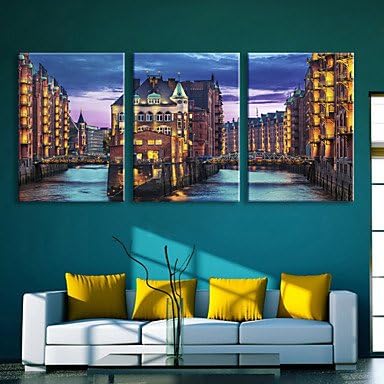 WallArt? Stretched LED Canvas Print Art Water City LED Flashing Optical Fiber Print Set of 3