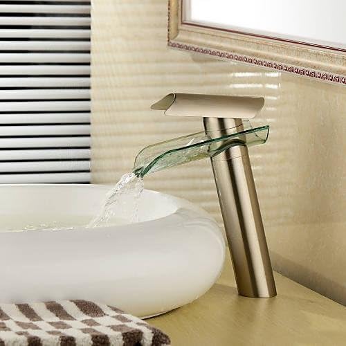iFaucet Bathroom Sink Faucets Brushed Nickel Glass Waterfall Widespread Single Handle Single Hole Contemporary Waterfall Lavatory Faucets Discount