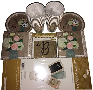 Bridal Shower Decor, Rustic 66 Piece Set include 32 Napkins, 16 Lunch Plates, 16 Cups, 1 Banner, 1 Centerpiece