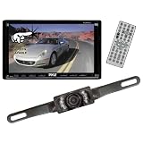 Pyle DVD/Camera Package for Car/Truck/SUV -- PLDN70U 7 inch Double-DIN Motorized TFT Touchscreen Receiver with DVD/VCD/CD/MP3/MP4/CD-R/USB/SD-MMC Card Slot/AM/FM + PLCM10 License Plate Mount Rear View camera with Night Vision