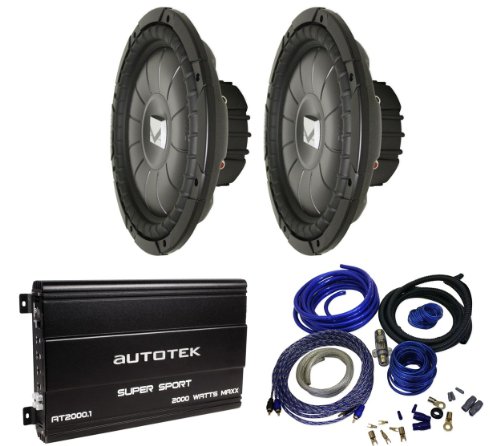 Package: (2) Kicker 10CVT12-2 Ohm 1600 Watt Shallow Mount Car Subwoofers + Autotek AT2000.1 2000 Watt Peak 1 Ohm Stable Mono Block Car Amplifier + Cadence WK41 4 Gauge Complete Car Amplifier Installation Kit