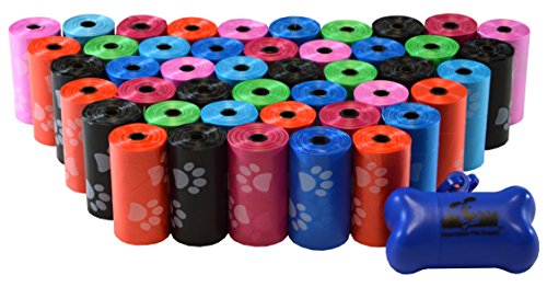 880 Pet Waste Bags, Dog Waste Bags, Bulk Poop Bags on a roll, Clean up poop bag refills - (Color: Rainbow of Colors with Paw Prints) + FREE Bone Dispenser, by Downtown Pet Supply