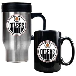 Edmonton Oilers NHL Stainless Steel Travel Mug & Black Ceramic Mug Set - Primary Logo by Great American Products