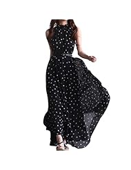 Summer Belted Polka Dot Print Full Length Chiffon Sleeveless Party Dress/Maxi Dress 