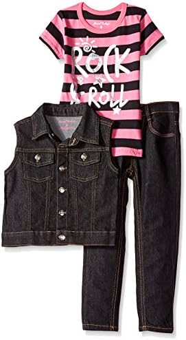Sweet Vintage Little Girls' 3 Piece Rock and Roll Set Vest T-Shirt and Pant, Black/Pink, 4