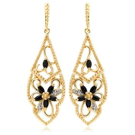 Yellow Gold Overlay Sterling Silver Sapphire & Diamond Accent Flower Dangle Earrings