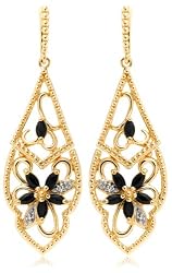 Yellow Gold Plated Sterling Silver Sapphire and Diamond Accent Flower Dangle Earrings
