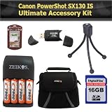 Canon PowerShot SX130 IS Digital Camera Ultimate Accessory Kit Includes 16GB High Speed SD Memory card + USB 2.0 High Speed Card Reader + 4AA (2900 mAH) Rechargable NIMH Baterries And Charger + Deluxe Carrying Case + Clear LCD Screen Protectors + Mor