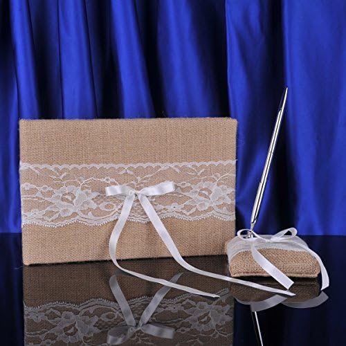 Topwedding Ceremoney Linen Guest Book and Pen Set with Lace and Bow Details