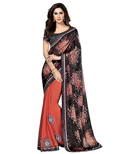 Shonaya Coral,Black chiffon Patch work saree & Unstitched Blouse Piece,Free Size