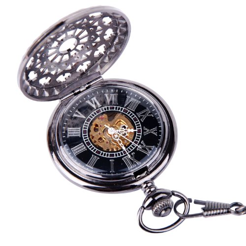 ARMEL Skeleton Pocket Watch Chain Mechanical Hand Wind Half Hunter Antique Look Value Quality PW001