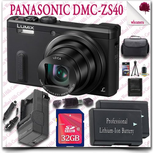 Panasonic Lumix DMC-ZS40 Digital Camera (Black) + 32GB SDHC Class 10 Card + SLR Gadget Bag 11pc Panasonic Saver Bundle