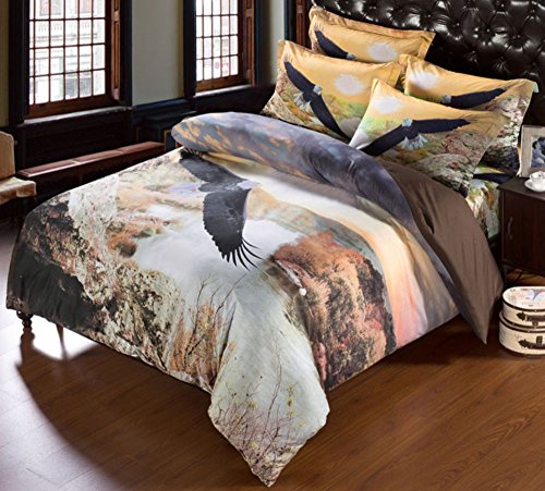 Queen Duvet Comforter Cover 6-PCS. Sets in Polyester 3D Black, White, &amp; Yellow Eagle