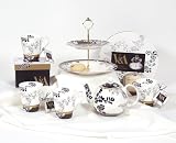 V&A BROCADE CHINA COLLECTION GIFT SET WITH MUGS - The beautiful V&A museum brocade design china with cake stand, 6 cup teapot and 4 tapered mugs plus organic shortbread and afternoon tea in presentation caddy.