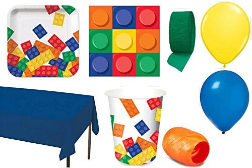 Block Party Supplies for 16 - Table Cover, Cups, Napkins, Plates, Curling Ribbon, Streamer &amp; Balloons - This Bundle Has 61 Pieces