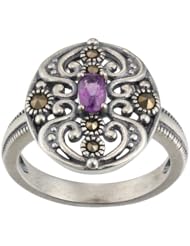 Sterling Silver African Amethyst and Marcasite Oxidized Oval Ring