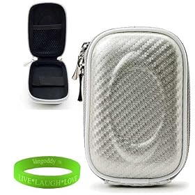 Stylish Carbon Fiber White Slim Case with Carbineer Clip, and Secure Velcro Placement Straps for all models & colors of your Canon Digital Camera Point and Shoot Powershot ELPH 110 HS with HD Video + Green Vangoddy Bracelet!!!