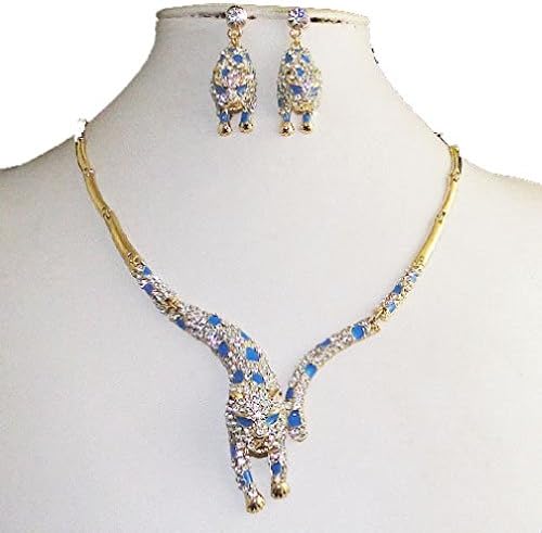 Fancy Leopard Print Panther Necklace Earring Set Austrian Crystal Animal Clear Blue