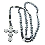 10mm Faceted Hematite Gemstone with 12mm White Czech Crystal Rosary Necklace