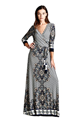 On Trend Paris Faux Wrap Navy and Bronze 3/4 Sleeve Long Maxi Dress with Belt