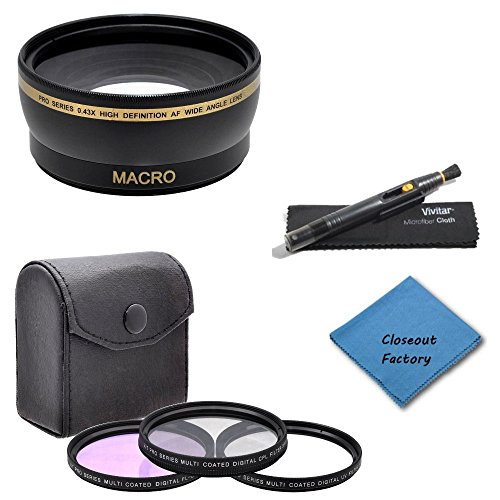 46mm Multi-Coated 3 Piece Filter Kit (UV-CPL-FLD) + 0.43x Professional HD Auto Focus Wide Angle Lens with Macro + Lens Cleaning Pen + Closeout Factory Microfiber Cloth For Panasonic HC-V700 HC-V720K HDC-SD800K HDC-SDT750 HDC-HS900K HDC-TM700 HDC-TM900k Camcorders