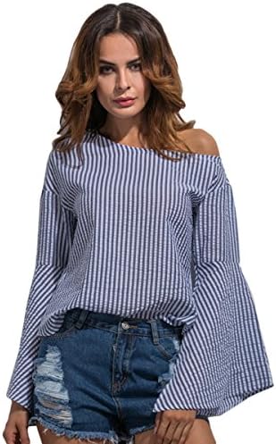 VOGLLY Women's Flared Sleeve One Shoulder Long Sleeve Stripe T Shirts Tops (2)