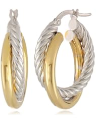 14k Italian Yellow and White Gold High Polished and Rope Design Twisted Hoop Earrings