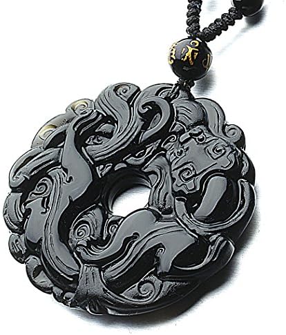 MOHICO Black Elegant Round Natural Obsidian Crystal Dragon Pendant Braid Cotton Rope Chain Necklace for Men or Women