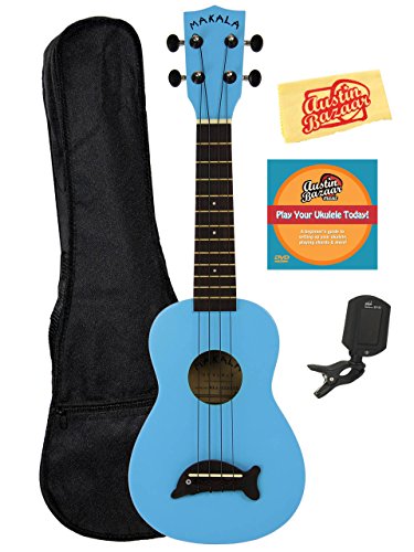 Kala MKA-SD-LBL Makala Dolphin Soprano Ukulele Bundle with Gig Bag, Austin Bazaar Instructional DVD, Clip-On Tuner, and Polishing Cloth - Light Blue