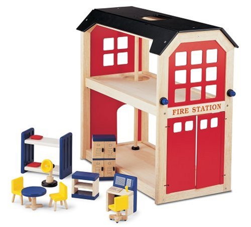Pintoy: Classic Wooden Fire Station with Accessories, Wooden Toy Play Set