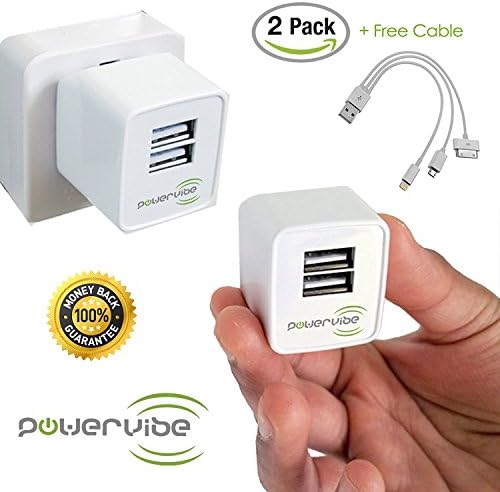 Dual USB Travel Wall Charger By PowerVibe Foldable Plug AC Universal Adapter For Apple iPhone, Android &amp; Tablets - FREE Universal USB Data Cable