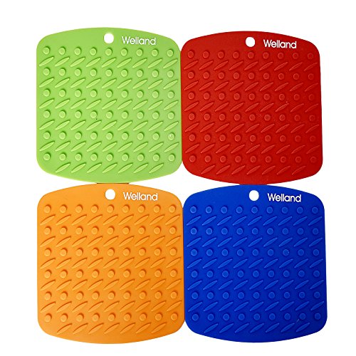 Welland Silicone Pot Holder, Trivet Mat, jar Opener, spoon Rest and Garlic Peeler (Set of 4) Non Slip, Flexible, Durable, Dishwasher Safe, Heat Resistant Hot Pads