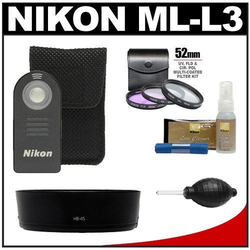 Nikon ML-L3 Wireless Infrared Shutter Remote Control + 3 UV/FLD/CPL Filter Set + HB-45 Hood Kit for D7000, D5100, D5000, D3200 Digital SLR Camera & 18-55mm VR DX Lens