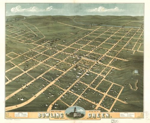 Bird's eye view of the city of Bowling Green, Warren County, Kentucky 1871. Drawn by A. Ruger., large historic panoramic map reprint 43x36