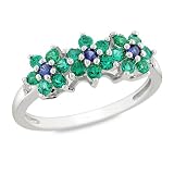 Sterling Silver 5/8 CT TGW Round Created Sapphire and Emerald 0.01 CT TDW Diamond Flower Ring (I3)