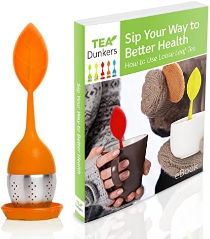 TEA DUNKERS Silicone Leaf Handle and Drip Tray Loose Leaf Long Handled Tea Infuser Strainers ORANGE